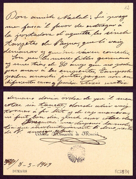 Carta de Dolors Monserdà a Lluís B. Nadal, 8 de maig 1909