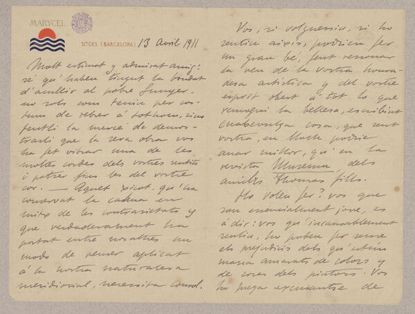 Primeres dues pàgines de la carta de Miguel Utrillo a Joan Maragall, del 13 d’abrll de 1911 (mrgll-Mss. 4-121-6)