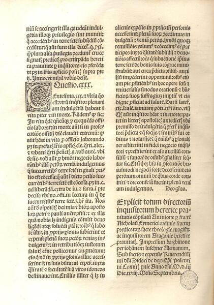 Directorium inquisitorium. Barcelona: J. Luschner: D. de Deça, 1503 (Biblioteca de Catalunya, TOP: 5-VI-27)