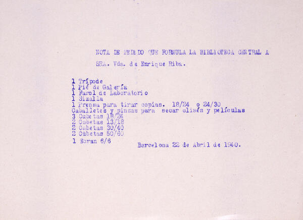 Comanda de la Biblioteca a la Sra. Vda. d’Enrique Riba, 22 d’abril de 1940. Top: Arx. Adm. 33/3