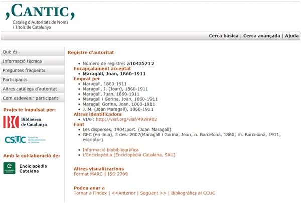 Registre d’autoritat CANTIC de Joan Maragall, un dels primers registres d’autoritat CANTIC creats per la Biblioteca de Catalunya