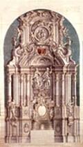 dibuix a la ploma acolorit, del que hauria estat el retaule major de l’altar de l’església de l’Hospital de Sant Pere i Santa Marta de Barcelona