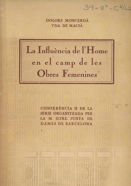 Portada de l'obra La influència de l'home en el camp de les obres femenines: conferència, edició de Barcelona: Bloud i Gay Ed, [1919].