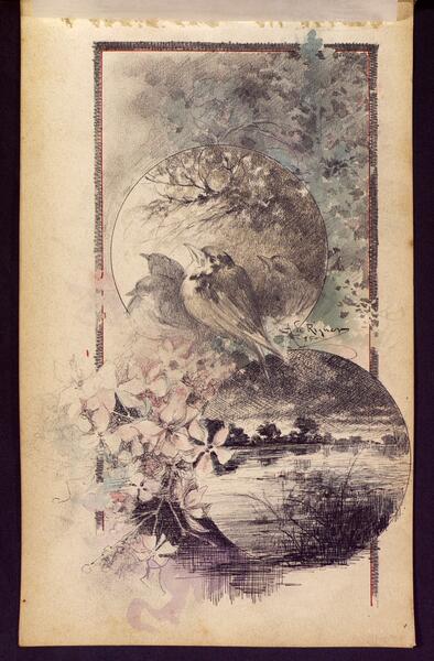 Dibuix de caire romàntic, en blanc i negre, amb dues escenes destacades: un ocell a la part superior i un paisatge d'aigua a l'inferior