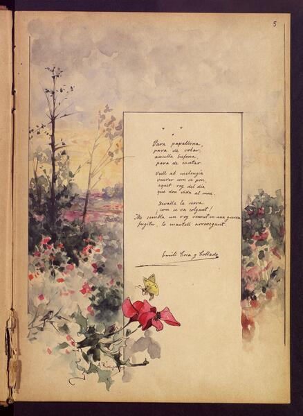 Paisatge emmarcant un poema, amb unes flors en primer pla