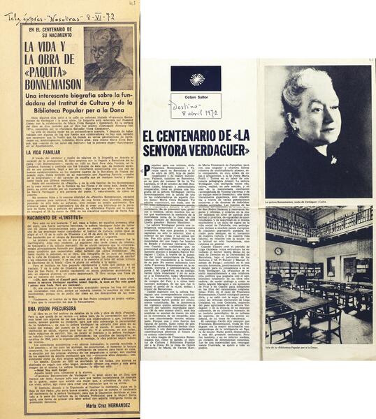 María Cruz Hernández, “La Vida y obra de Paquita Bonnemaison”, TeleExpress, 8 de juny de 1972 i Octavi Saltor, “En el centenario de “la señora Verdaguer”, Destino, 8 d’abril de 1972
