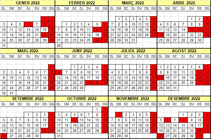 Calendari de tancament 2022