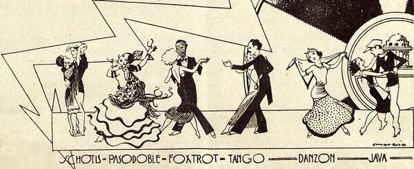 Dibuix amb diverses parelles ballant vestits amb roba dels anys 1920 - 1930