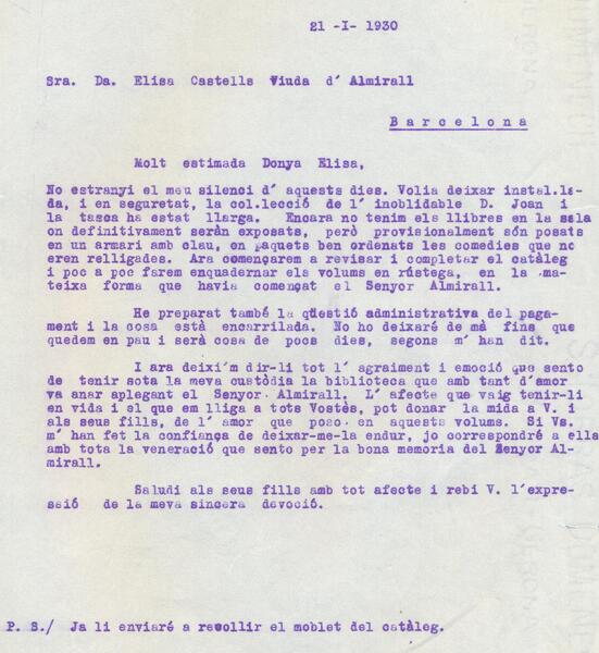 Carta mecanoscrita de Jordi Rubió a Elisa Castells, 21 de gener de 1930