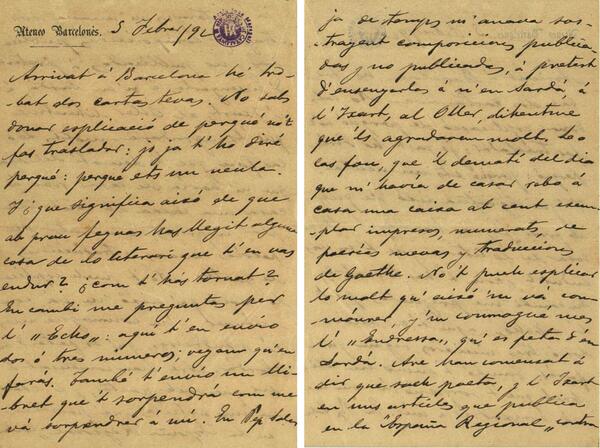 Primeres dues pàgines de la Carta de Joan Maragall a Anton Roura, del 5 de febrer de 1892 (mrgll-Mss. 6-54-5)