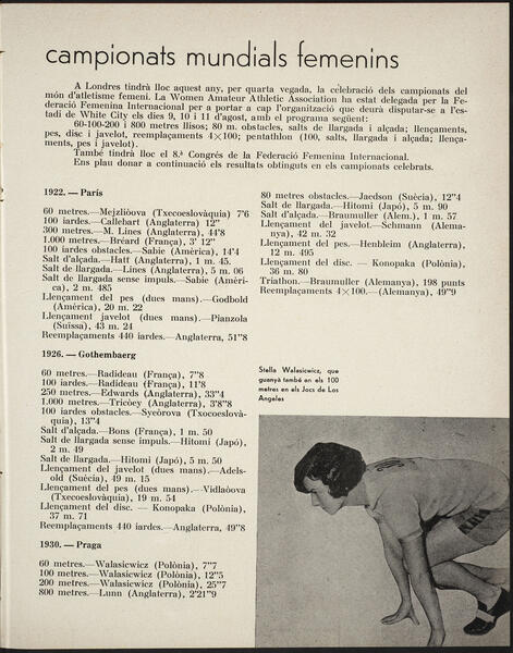 Pàgina de la revista Cataluna Atlètica dedicada als Campionats del món d’atletisme femení, juny de 1934.