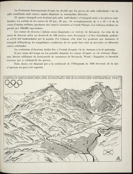 Pàgina de la revista Catalunya atlètica amb un dibuix de les muntanyes on es van celebrar els Jocs Olímpics d’Hivern de 1936.