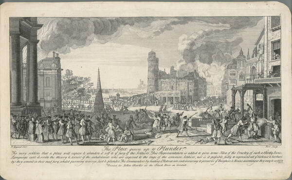 Atac del baluard de Santa Clara i la destrucció del monestir el 1714. Londres : John Bowles, ca. 1750. Font: Institut Cartogràfic i Geològic  de Catalunya