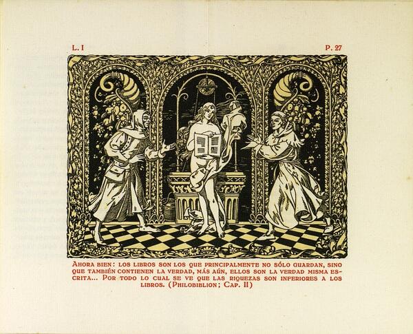 Figura femenina nua de cara, tapada per una tela i un llibre obert i flanquejada per dues figures masculines de perfil, vestides d'època medieval