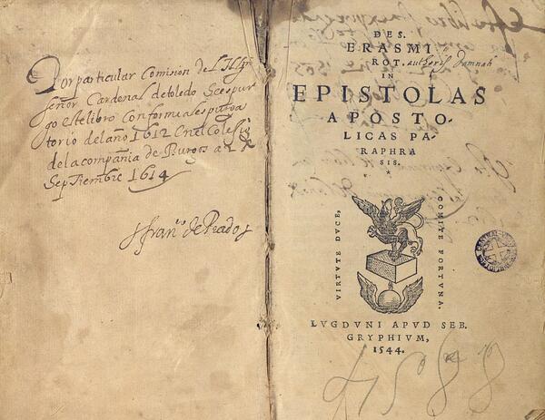 Nota ms. de la Inquisició. Des. Erasmi Rot. In epistolas apostolicas paraphrasis. Lió, 1544 (TOP: Res. 761-12º)