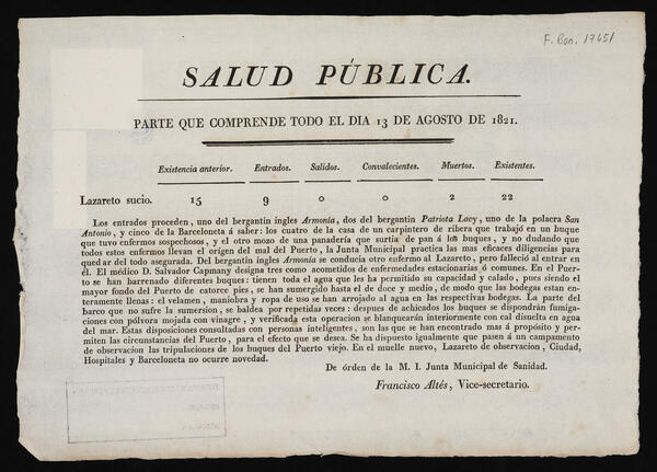 Informe del dia 13 d’agost de 1819, en què la Junta Municipal reporta dos morts i vint-i-dos contagiats al llatzeret brut