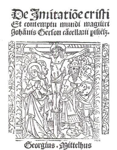 Reproducció de la portada de l’edició impresa a París per Georgius Mittelhus el 1496 o 1497, on apareix el títol en llatí i una il·lustració de Crist a la creu i diverses persones al voltant