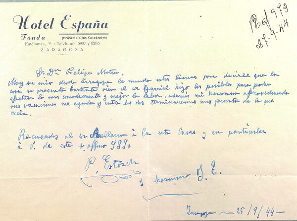 Carta de Pere Estorch dirigida a Felip Mateu, 25 de setembre de 1944. Top: Arx. Adm. 187/30