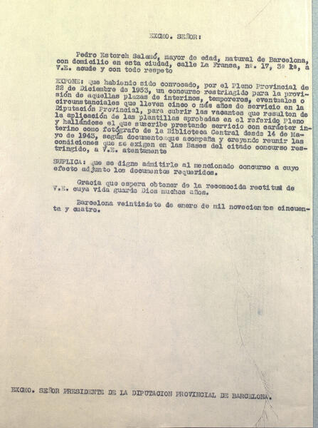Carta de Pere Estorch dirigida al president de la Diputació Provincial de Barcelona, 27 de gener de 1954. Top: Arx. Adm. 187/30