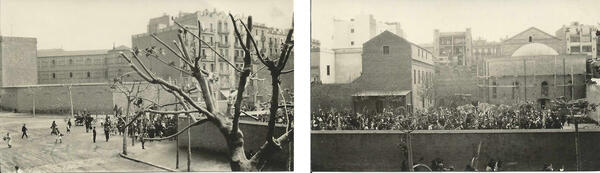 Cantonada de Villarroel amb Consell de Cent, el Diumenge de Rams  probablement de 1924 (fot. Joaquín Balart; Arxiu de la Parròquia de Sant Josep Oriol)