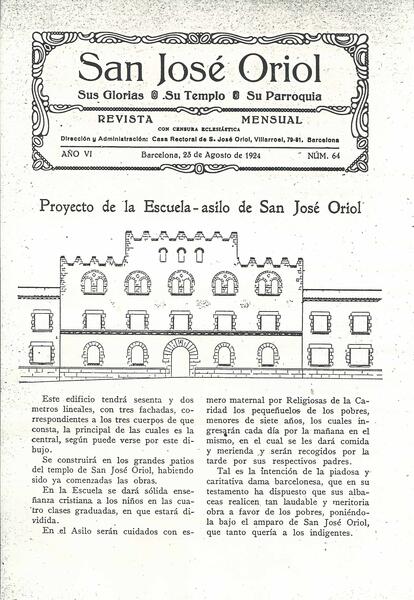 Projecte de l’edifici publicat a la revista San José Oriol, el 23 d’agost de 1924  (Arxiu de la Parròquia de Sant Josep Oriol)