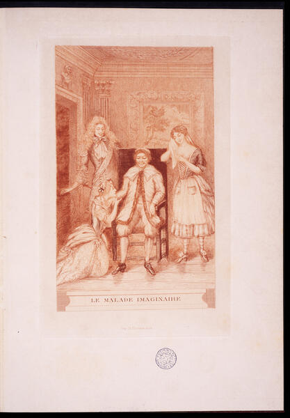 Gravat del Malalt imaginari de Molière. Oeuvres completes de Molière. Paris: Imprimerie National, 1878. Top.: P.P. 2202-2208. V. VII: [Suite de gravures].