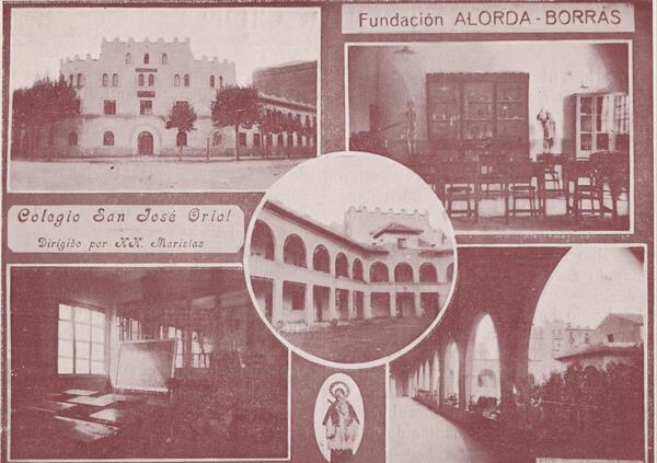 Colegio San José Oriol: vista exterior de l’edifici, dues aules i galeria del primer pis  i pati (Memòria del curs 1924-1925)