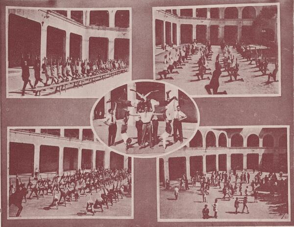 Colegio San José Oriol: pati de l’escola, amb el porxo actualment ocupat pel magatzem 04 i el passadís de Dipòsit Legal i material Menor (Memòria del curs 1924-1925)