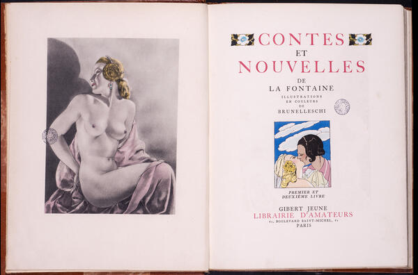 La Fontaine, Jean de. Contes et nouvelles. lllustrations en couleurs de Bruneleschi. Paris: Gibert Jeune, Librairie d'Amateurs, [1940]. 2 v. Top.: P.P. 1995-1996