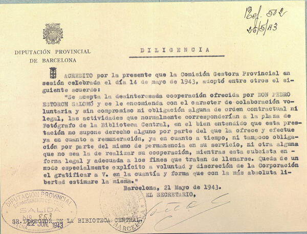 Diligència del director de la Biblioteca Central dirigida al Departament Central de la Diputació Provincial de Barcelona,  21 de maig de 1943. Top: Arx. Adm. 187/30