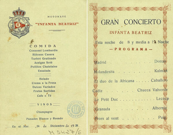 Programa del concert que tingué lloc al Vaixell “Infanta Beatriz” el 24 de desembre de 1928 Interpretada Flors al vent, de Nadal Puig M 5427/6