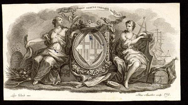 Mostra del gravat de la portada del «Codigo de las costumbres marítimas…»(Top: BC JC lligall XIIIbis, 2, 75)