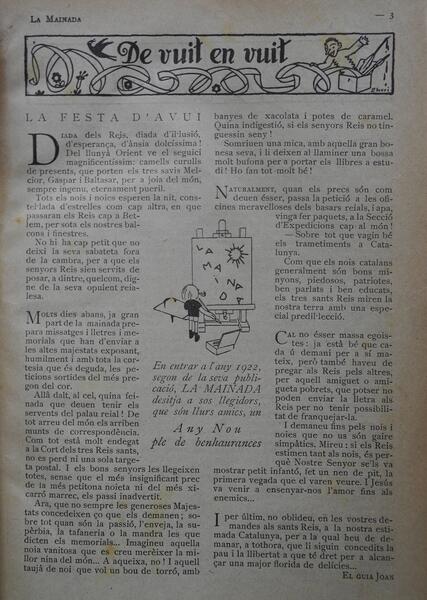 6.	La Mainada. Barcelona: A. Artís Impressor, 1921-1923. Any 2, núm. 31 (6 gener 1921), p.3. “De vuit en vuit”. Capçalera d’Ivori. Text El Guia Joan.