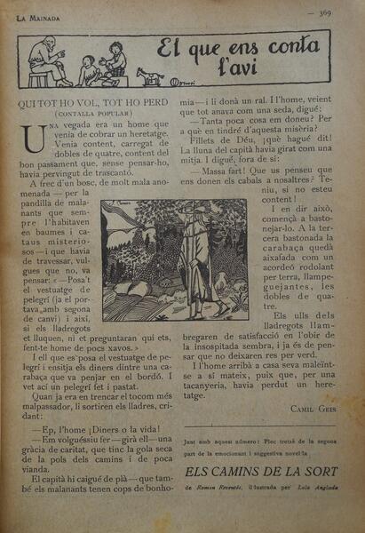 La Mainada. Barcelona: A. Artís Impressor, 1921-1923. Any 2, núm. 46 (21 abril 1922), p. 362. “El que ens conta l’avi”. Capçalera d’Ivori.