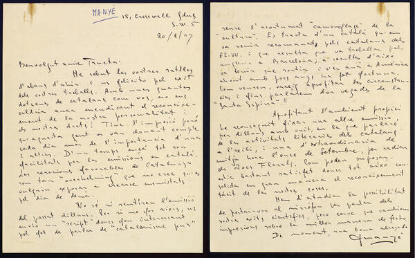 Carta de Josep Manyé a Josep Trueta. Fons Josep Trueta. Correspondència