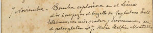 Transcripció:  «1893 7 Noviembre. Bomba explosiva en el Liceo al ir a empezar el terzetto de Guglielmo Tell. Estábamos con mis padres y hermanas en el palco platea nº 7. Había Delfín Montells».