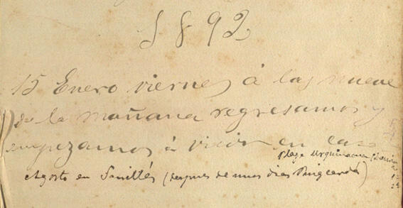 Transcripció:  «1892 15 Enero Viernes à las nueve de la mañana regresamos y empezamos à vivir en la plaza Urquinaona (Lauria 2, 1º 2ª)».