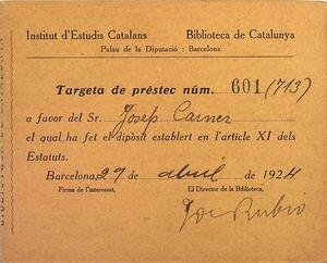 Targeta de préstec de Josep Carner. 1924. Top. Arx. Adm. C 490