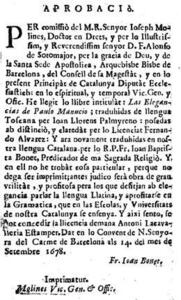 Aprovació. Las Elegancias de Paulo Manucio. Barcelona, ca. 1710. (top.: Bon. 10-I-3)