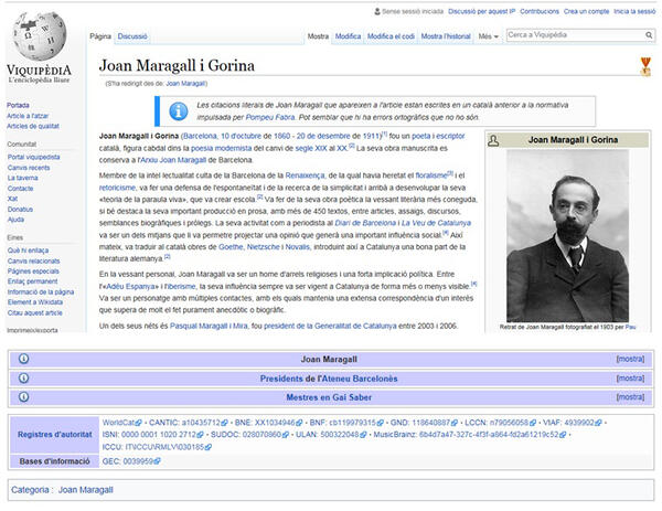 Enllaç de la Viquipèdia al registre d’autoritat CANTIC de Joan Maragall