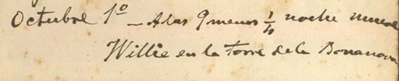 Transcripció:  «1895 Octubre 1º. A las 9 menos  ¼ noche muere Willie en la torre de la Bonanova».