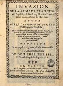 Invasión de la armada francesa. En Caller : en la emprenta del doctor Antonio Galcerin, por Bartholome Gobetti, 1637. Toda 22-II-25