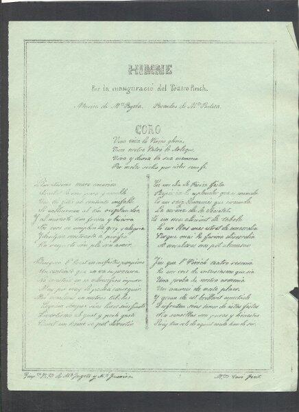 ”Himne per la inauguració del Teatro Pirich”; música: Mestre Payola; paraules: Mestre Pastetas. [184-]. (Ms. 9394/1)