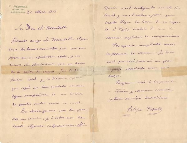 Carta de Felip Pedrell adreçada a Antoni Torrandell. 1915