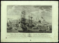 Imatge del nou Port de Tarragona a l'any 1805 amb 20 embarcacions, en diverses direccions i, sobre una plataforma, una gran pedra que culmina amb un Neptú