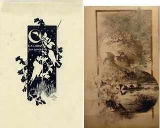 Dues il·lustracions. La de l'esquerra és l'ex-libris de Joan Llongueras: dos ocells de perfil, en blanc, sobre un fons estrellat amb lluna. La de la dreta representa un ocell amb fons de paisatges.